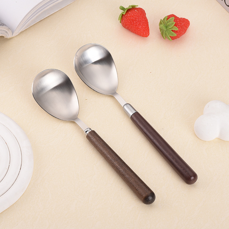 Dark Wood Grain Handle Spoon 2Pcs Set