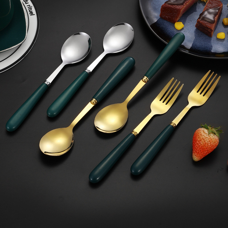 Dark Green Handle Gold Plated Cutlery Set