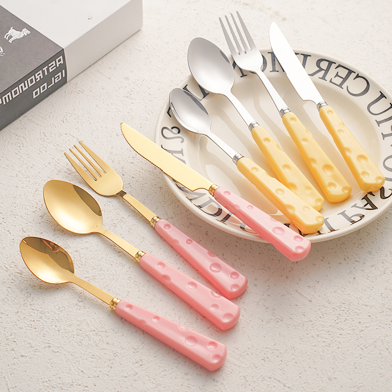 Pink Handle Gold Cutlery Set